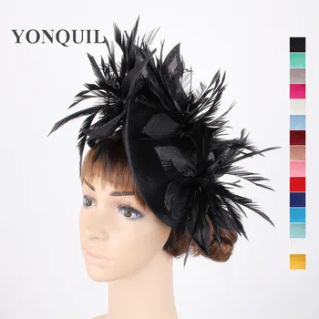 Imitácia sinamay čierne vlasy fascinators sposa špeciálne svadobné klobúky a kvetinové fascinator s perím čelenky príslušenstvo