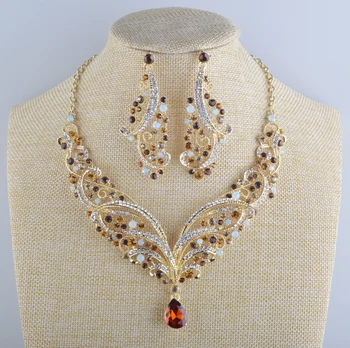 India štýl Crystal svadobný náhrdelník náušnice, sety Jar mult farba Večierok šperky set Pre ženy vyhlásenie náhrdelník