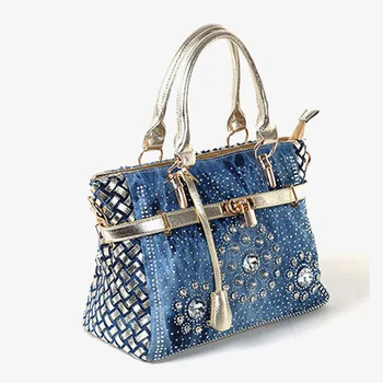 IPinee Leta 2017 Módne dámske kabelky veľké oxford tašky cez rameno, patchwork jean štýl a crystal dekorácie modrá taška