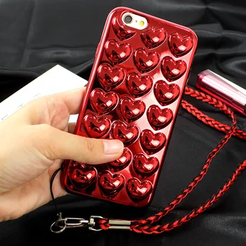JAMULAR 3D Pokovovanie Červené Srdce Silikónové puzdro Pre iphone 6 6 7 Plus Mäkké TPU Gél Kryt Pre iphone X 8 7 Plus Lano Shell Coque Capa