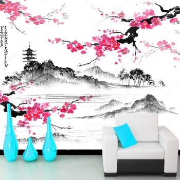 Japonský krajiny tapetu,Krajina s sakura pobočiek,retro nástenná maľba pre obývacej izby, spálne, gauč papier pozadí steny