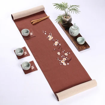 Japonský Štýl Dvojité Bielizeň Výšivky Slivka Stôl Runner Čajový Obrad Čaj Rohože Kung Fu Čaj Nastaviť Accessorie Kreatívne Domáce Ornament