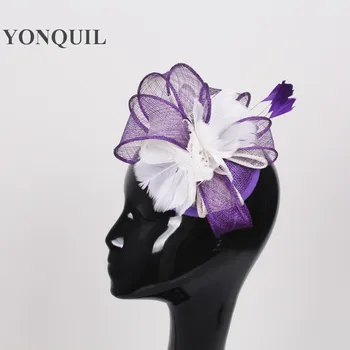 Jar fascinator vlasy príslušenstvo sinamay základňu s pierko kvet svadobný klobúk svadobné pokrývku hlavy koktail klobúky strany headpieces