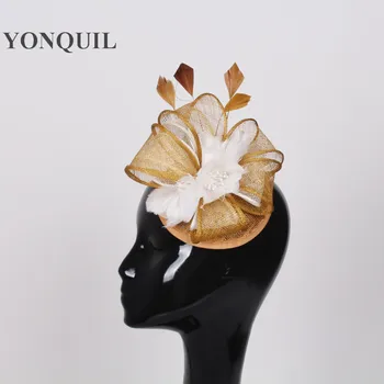 Jar fascinator vlasy príslušenstvo sinamay základňu s pierko kvet svadobný klobúk svadobné pokrývku hlavy koktail klobúky strany headpieces