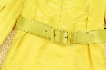 Jarné módne vintage dámy elegantný štíhly pás svetlice rukáv o-krku žltá hlboké V-neck jednodielne šaty