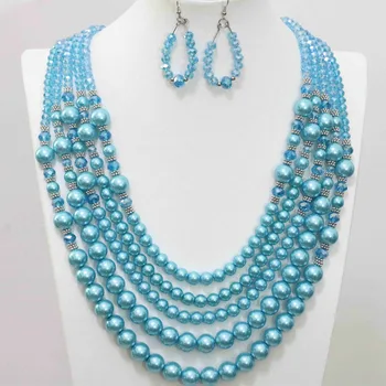 Jedinečný krištáľové sklo elektronické tvárou kolo shell simulované-pearl korálky módne náušnice 5rows náhrdelník robiť šperky set B983-3
