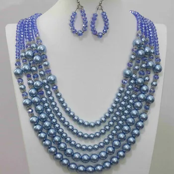 Jedinečný krištáľové sklo elektronické tvárou kolo shell simulované-pearl korálky módne náušnice 5rows náhrdelník robiť šperky set B983-3