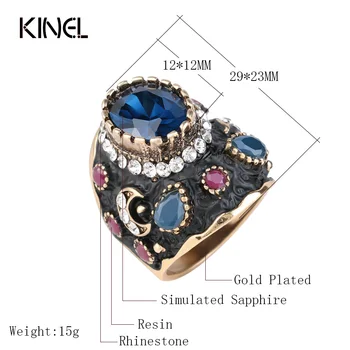 Jedinečný Veľký Čierny Smalt Krúžok Modré Crystal Zlatá Farba Etnických Starožitné Prstene Pre Ženy Retro Svadobné Vintage Jemné Šperky
