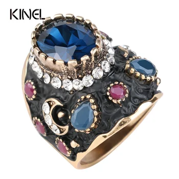Jedinečný Veľký Čierny Smalt Krúžok Modré Crystal Zlatá Farba Etnických Starožitné Prstene Pre Ženy Retro Svadobné Vintage Jemné Šperky