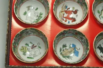Jemné Starej Číne Glazúry Keramiky maľované Zverokruhu Kungfu čaj 12 Misy Porcelánu & Keramiky