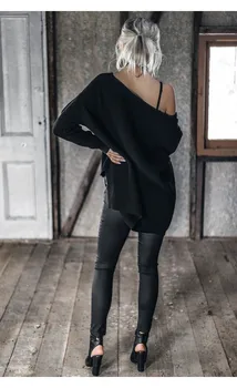 Jeseň zima Sexy v krku dlhý rukáv pulóver Sexy mimo ramenný split pletený sveter Ženy black pulóvre bežné topy žena