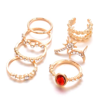 Jewdy 7pcs roztomilý mesiac stud náušnice veľký kameň červený drahokam, prstene pre ženy krásne šperky femme Bijoux dobré farebné klip šperky Set