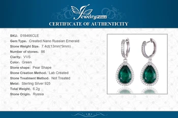 JewelryPalace Pevné 925 Sterling Silver Luxusné Hruška Rez 8.4 ct Zelená Vytvorené Smaragdové Náušnice Jemné Šperky pre Ženy