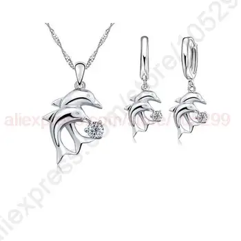 JEXXI 2018 Doule Dolphin Šperky Sady 925 Sterling Silver Šperky Bielymi Zirkónmi Prívesok Náhrdelník Páky Späť Náušnice