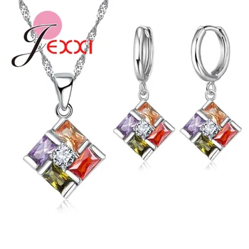 JEXXI 925 Sterling Silver Šperky Nastaviť Farebné CZ Kryštálmi Prívesok, Náušnice, Náhrdelník Set pre Ženy, Doplnky Strany