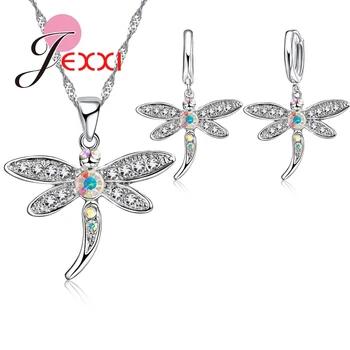 JEXXI Celkom Dragonfly Šperky Sady 925 Sterling Silver Prívesok, Náušnice, Náhrdelník Pre Ženy Svieti CZ Drahokamu Crystal Darček