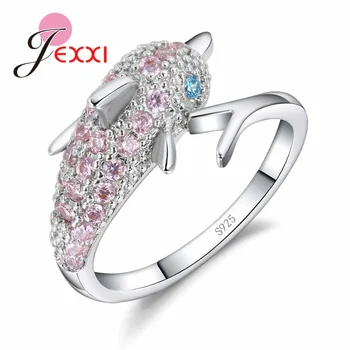 JEXXI Hot Predaj 925 Sterling Silver Hravé Dolphin Elegantný Prsteň Pre Ženy Ružová Drahokamu Krúžky Jemné Šperky Darček