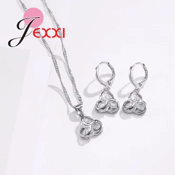 JEXXI Jedinečný Dizajn CZ Kryštálmi Trojuholník Prívesok Šperky Set 925 Sterling Silver Ženy Náhrdelník & Hoop Náušnice Nastaviť
