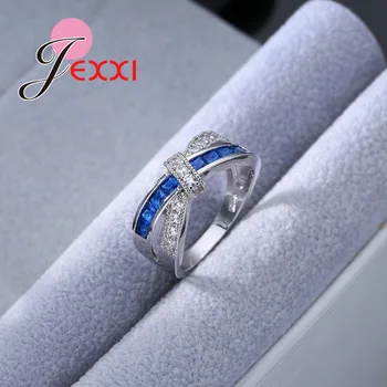 JEXXI Kúzlo Kríž Dizajn Ženy, Dievčatá veľmi Čela Dizajn Promise Ring 925 Sterling Silver Módne Šperky S Biela + Modrá Crysta