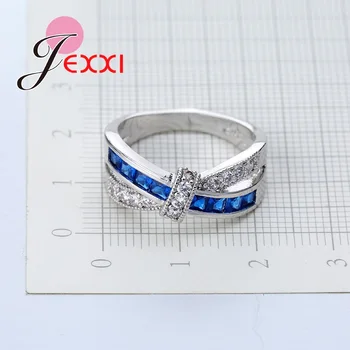 JEXXI Kúzlo Kríž Dizajn Ženy, Dievčatá veľmi Čela Dizajn Promise Ring 925 Sterling Silver Módne Šperky S Biela + Modrá Crysta