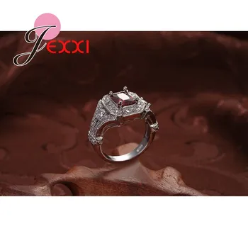 JEXXI Luxus Plný Drahokamu Rýdzeho Striebra 925 Šperky Námestie Vystrihnúť Red Crystal Ženy Strany Krúžky Módny Doplnok Podpora