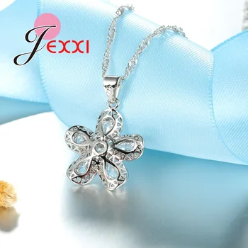JEXXI Luxusné Ženy Šterlingov Strieborné Lesklé Rakúskeho Kryštálu Náhrdelníky Náušnice Šperky Sady Duté Kvet Zapojenie Príslušenstva