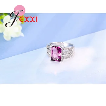 JEXXI Módne Šperky Duté 3 Riadok Zirkón Drahokamu Luxusný Veľký Obdĺžnik Crystal Vycentrovaný Žena Snubné Prstene 925 Silver