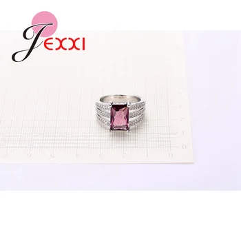JEXXI Módne Šperky Duté 3 Riadok Zirkón Drahokamu Luxusný Veľký Obdĺžnik Crystal Vycentrovaný Žena Snubné Prstene 925 Silver