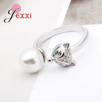 JEXXI Nastaviteľné Ženy Pevné 925 Sterling Silver Ring Sladkovodné Perly Roztomilý Fox S Zelených Očí Zricons Roztomilý Zvierat Otvorenie Krúžky