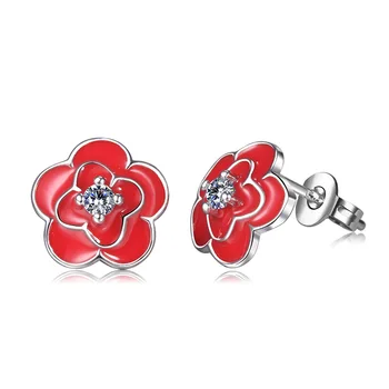 JEXXI Nový Príchod Elegantné Červené Ruže Kvet 925 Sterling Silver Stud Earrinig Pre Ženy Svadbu S Lesklým CZ Krištáľové Náušnice Stud