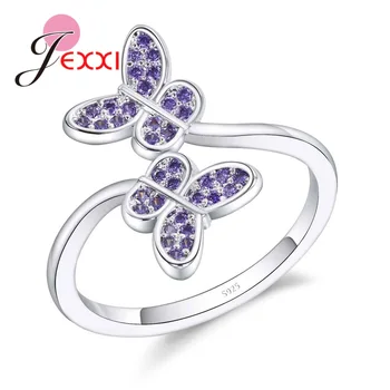 JEXXI Nádherné 925 Sterling Silver Motýľ Otvoriť Prstene Pre Ženy Strany Darom Fialové Kubický Zirkón Zapojenie snubný Prsteň Bijoux