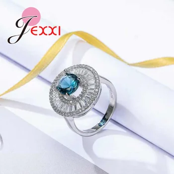 JEXXI Preháňať Dvojité Okrúhle Crystal Krúžok Jasné, Modrý Zirkón Kameň 925 Sterling Silver Klasické Svadobné svadobné Šperky pre Ženy