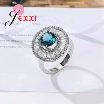 JEXXI Preháňať Dvojité Okrúhle Crystal Krúžok Jasné, Modrý Zirkón Kameň 925 Sterling Silver Klasické Svadobné svadobné Šperky pre Ženy
