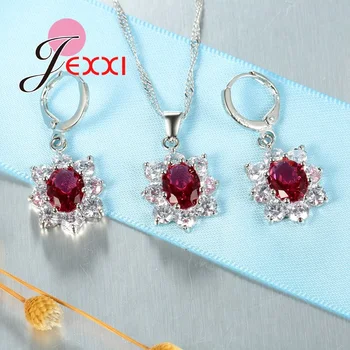JEXXI Retro Vintage Šperky Sady Pre Ženy Oválne Kvet Krištáľové Náušnice, Náhrdelník s Príveskom, Módne Strieborné Reťaze Biela Červená Modrá