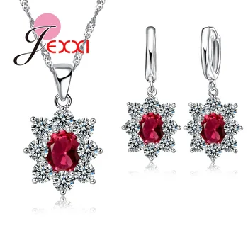 JEXXI Retro Vintage Šperky Sady Pre Ženy Oválne Kvet Krištáľové Náušnice, Náhrdelník s Príveskom, Módne Strieborné Reťaze Biela Červená Modrá