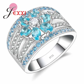 JEXXI Veľké Široké 925 Sterling Silver Ring Módne Duté Kvet Crystal Bague s Žiarivá Modrá CZ Zirkón Romantický Anel pre Ženy