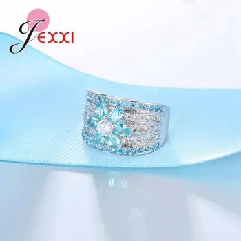 JEXXI Veľké Široké 925 Sterling Silver Ring Módne Duté Kvet Crystal Bague s Žiarivá Modrá CZ Zirkón Romantický Anel pre Ženy