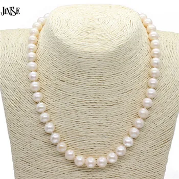 JINSE Biele Prírodné Sladkovodné Perlový Náhrdelník Pre Ženy 9-10 mm Náhrdelník Korálky Šperky 43 cm Dĺžka Náhrdelník Módne Šperky