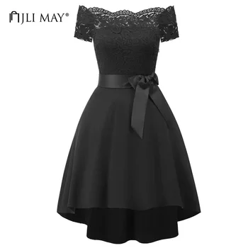 JLI MÔŽE Elegantné večerné čipky šaty black mimo ramenný lomka krku belted asymetrické dámske oblečenie žien, letná party šaty