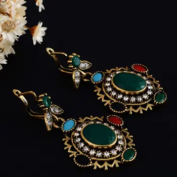 Joyme Indickej Sady Šperkov Náhrdelník Chocker Ženy Zelená Živice Afriky Korálky Etnických Zlata-Farebná Prívesok Visieť Náušnice