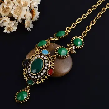 Joyme Indickej Sady Šperkov Náhrdelník Chocker Ženy Zelená Živice Afriky Korálky Etnických Zlata-Farebná Prívesok Visieť Náušnice