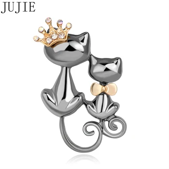 JUJIE Cartoon Pár Mačka Brošňa Pre Ženy 2018 Crystal Koruny Zvierat Brošňa Kolíky Roztomilý Brošňa Módne Šperky Dievča Dary