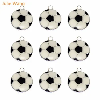 Julie Wang 40PCS Futbal Dizajn Zliatiny Zinku Smalt Náhrdelník Prívesok Charms Okrúhly Tvar Futbal Štýle DIY Šperky Čo Zistenia
