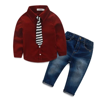 [Kimocat] nový štýl chlapcov, oblečenie, móda, detský oblečenie s dlhým rukávom t-shirt+džínsy+ kravatu