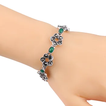 Kinel Ročník Českého Náramky Pre Ženy Antique Silver Farba Zelená Živice Crystal Kvet India Šperky