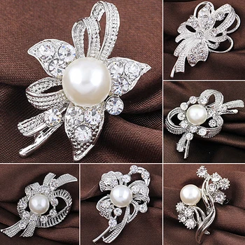 Klasické Drahokamu Crystal Ženy Kvet Brošne Svadobné Kytice Pin Strieborná Farba Simulované Pearl Broches Hidžáb Šatku Corsage