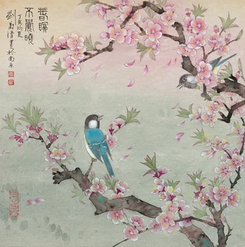 Klasické Čínske peach blossom strom, vták scenérie olejomaľba na plátne potlače tlačené na plátno na stenu umeleckou výzdobou obrázok