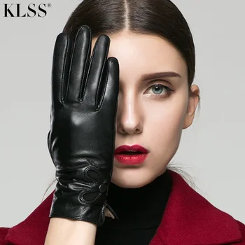 KLSS Značky Originálne Kožené Čierne Ženy Rukavice Jeseň Zima Plus Velvet Fashion Elegantné Vysoko Kvalitné Goatskin Rukavice 715