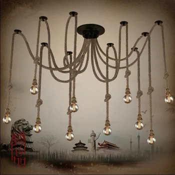 Konopné Lano Starožitný Luster Klasické Nastaviteľné Diy Strop Spider Lampa Svetlo Retro Edison Žiarovka Pedant Lampa pre domáce
