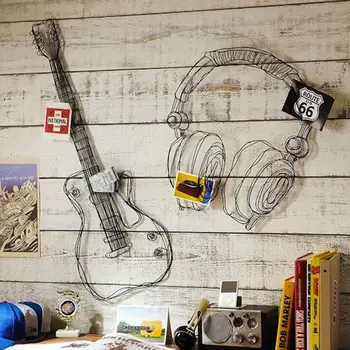 Kovový drôt gitara stenu decor art music múr, socha drôt headset stenu decor